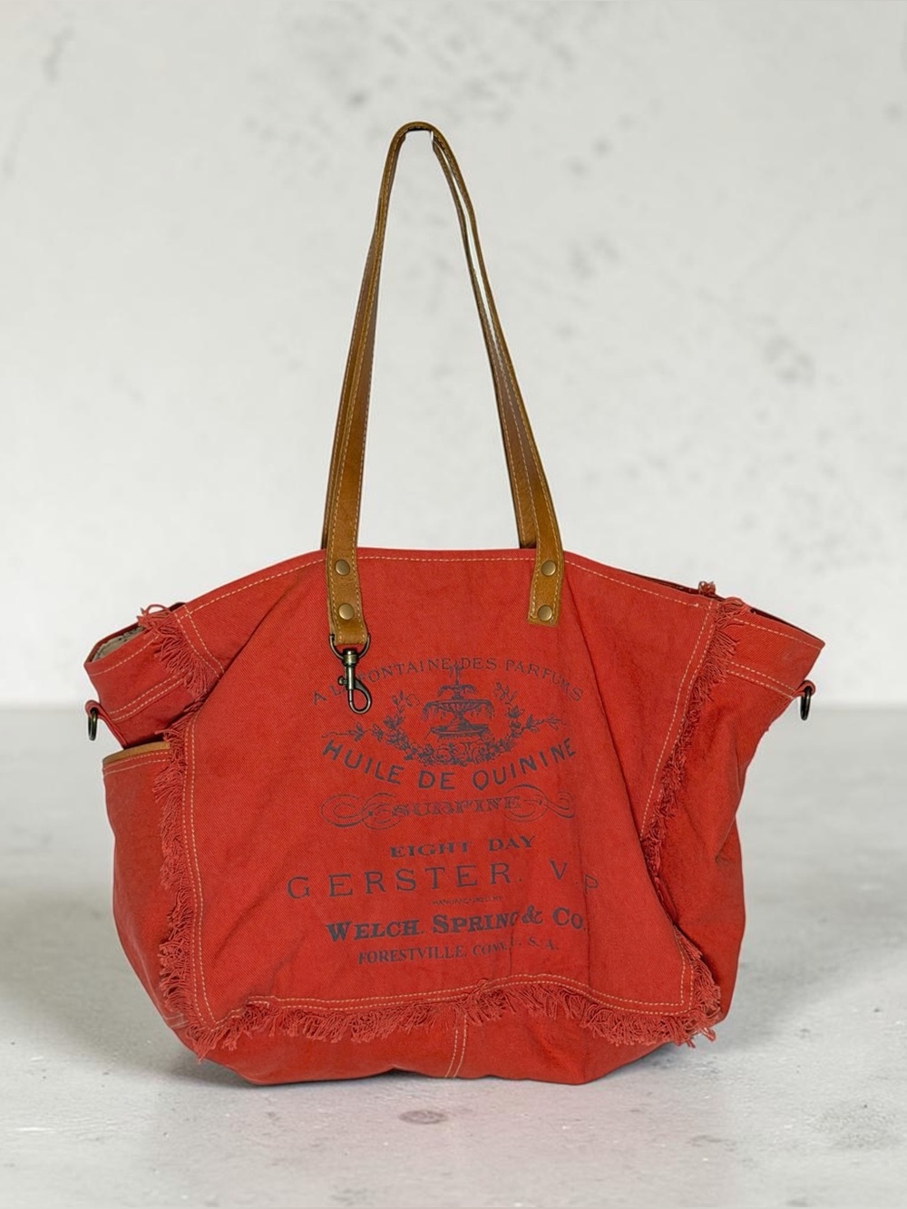 Myra Recycled Large Canvas Tote/Shoulder Weekender Bag with Fringe, Orange